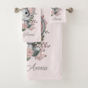 Conjunto De Toalhas Lindo Elefante Flora Rosa Verde Nome da Criança
