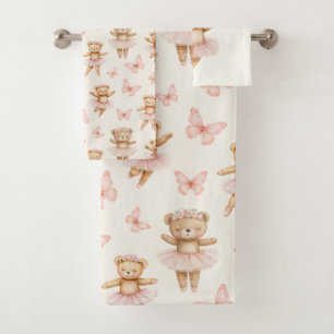 Conjunto De Toalhas Lindo urso bailarino rosa e borboletas