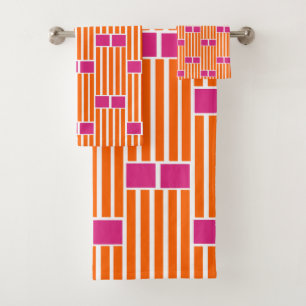 Conjunto De Toalhas Linhas Laranja e Caixas Rosa