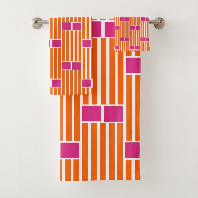 Conjunto De Toalhas Linhas Laranja e Caixas Rosa (Insitu)