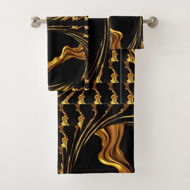 Conjunto De Toalhas Liquid Gold Black Monochrome Opulent Swirl Achempo (Insitu)
