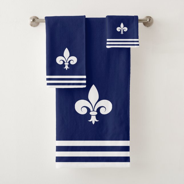 Conjunto De Toalhas Lírio Branco e Listras em Azul Marinho (Insitu)