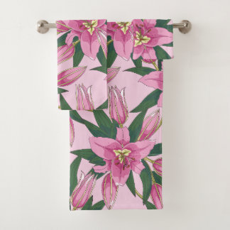 Conjunto De Toalhas Lírios florescentes no Cobrir de Pata Rosa Pastel