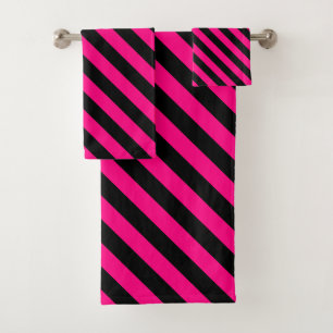 Conjunto De Toalhas Listra Diagonal Preta e Rosa Quente