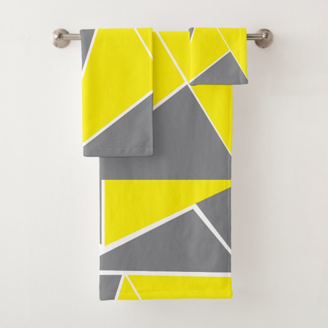 Conjunto De Toalhas Listra Geométrica Chevron Amarelo Cinza  (Insitu)