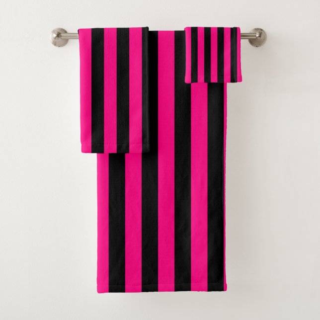 Conjunto De Toalhas Listra Vertical Preta e Rosa Quente (Insitu)