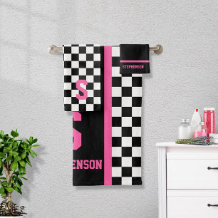 Conjunto De Toalhas Listra Xadrez de Corrida Rosa e Preto