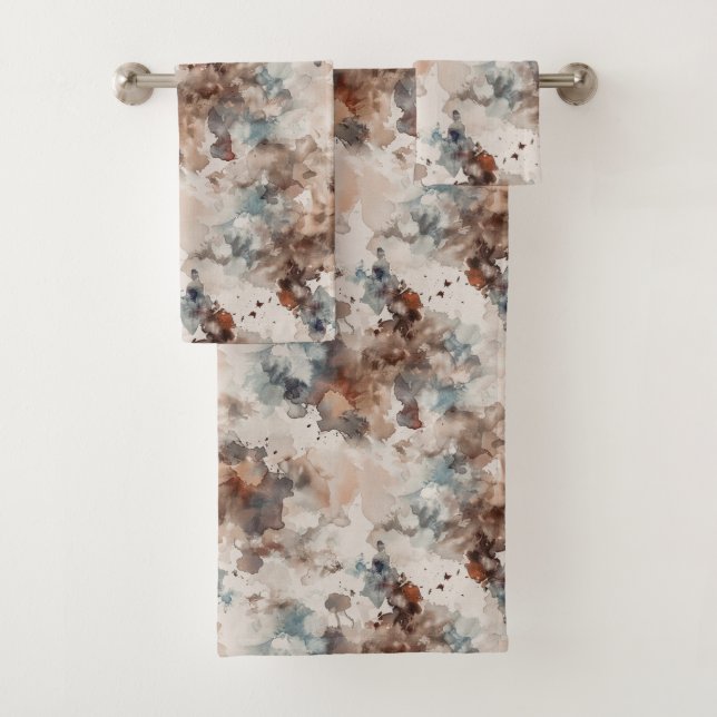Conjunto De Toalhas Listras Abstrato Azul Creme Marrom   (Insitu)