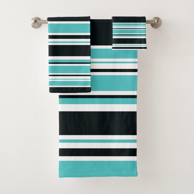 Conjunto De Toalhas Listras Azul Turquesa Verde Preto e Branco (Insitu)