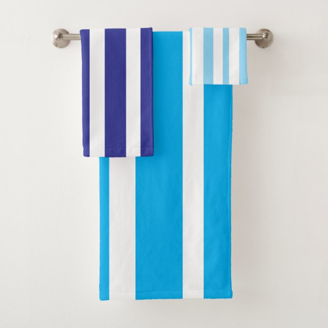 Conjunto De Toalhas Listras Brancas Azul Claro Profundo  (Insitu)