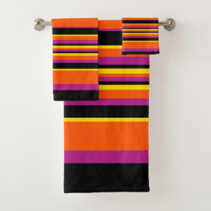 Conjunto De Toalhas Listras Complexas - Pretas, Rosa, Laranja e Amarel