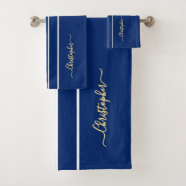 Conjunto De Toalhas Listras de Corrida Brancas Azul Naval Monograma Do