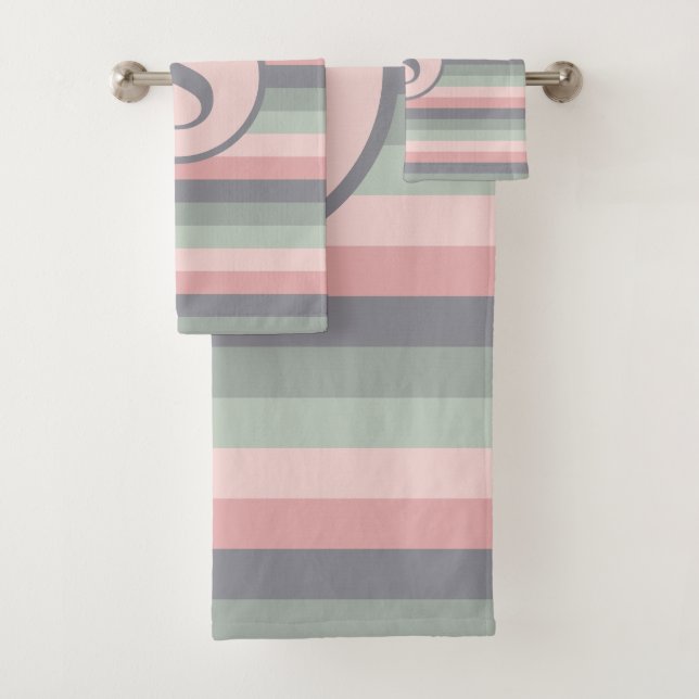 Conjunto De Toalhas Listras Horizontais Rosa Cinza e Verde (Insitu)