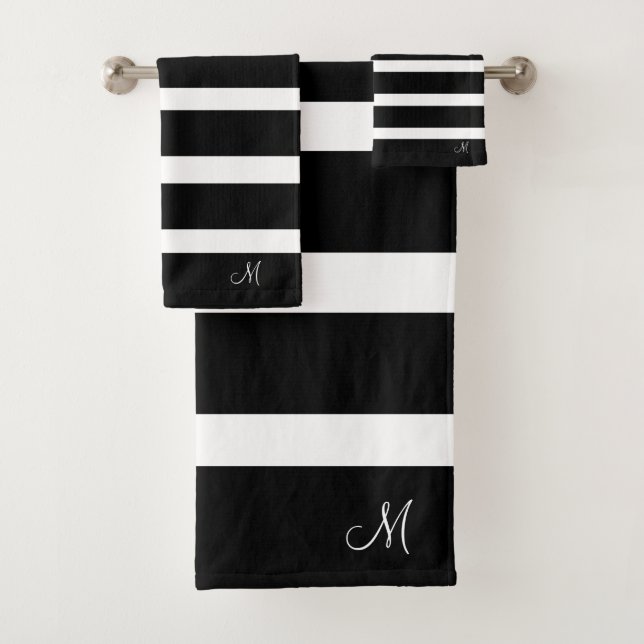 Conjunto De Toalhas Listras Modernas Pretas e Brancas Monogramas (Insitu)