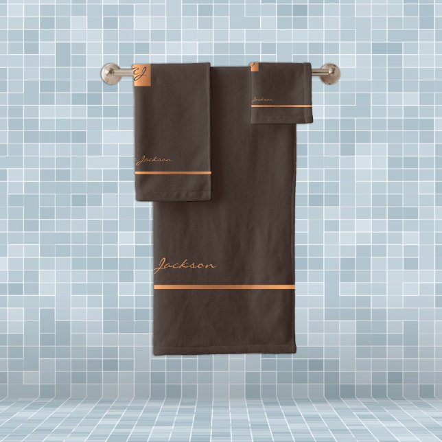 Conjunto De Toalhas Listras monogramadas marrons douradas elegantes mo (Criador carregado)