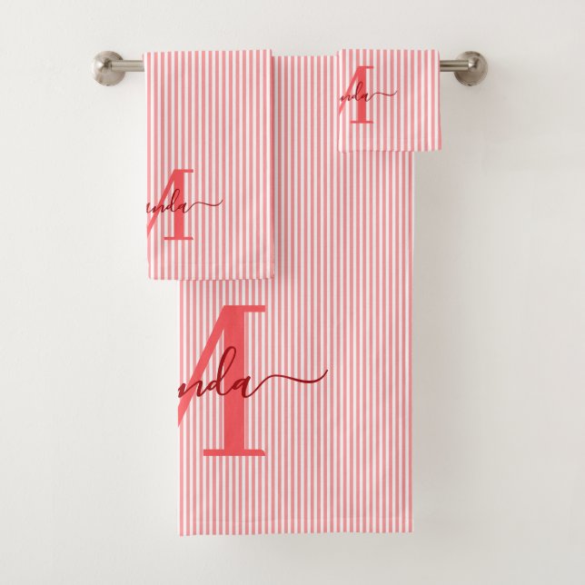 Conjunto De Toalhas Listras Vermelhas e Brancas com Monograma Personal (Insitu)