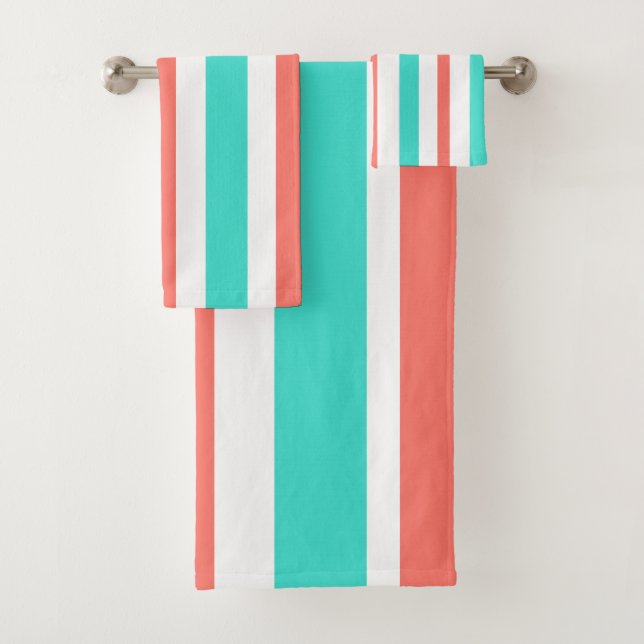 Conjunto De Toalhas Listras Verticais de Turquesa Coral Branco (Insitu)