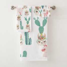 Conjunto De Toalhas Llama rosa e cacto verde