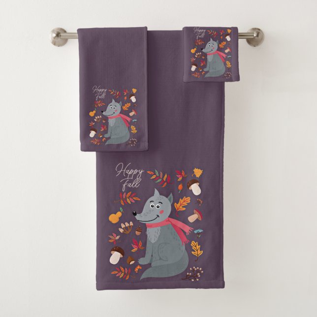 Conjunto De Toalhas Lobo fofo de outono com texto personalizado  (Insitu)