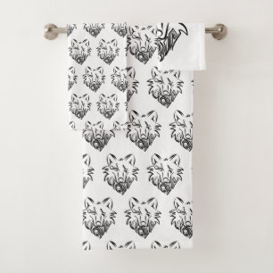 Conjunto De Toalhas Lobo Tribal Negro e Branco