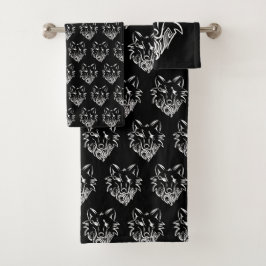 Conjunto De Toalhas Lobo Tribal Preto e Branco