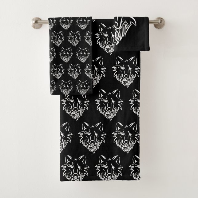Conjunto De Toalhas Lobo Tribal Preto e Branco (Insitu)