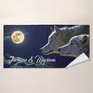 Conjunto De Toalhas Lobos cinzentos sob uma Lua cheia