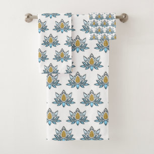 Conjunto De Toalhas Lotus Flower Blue Silver Dourado Zen Yoga