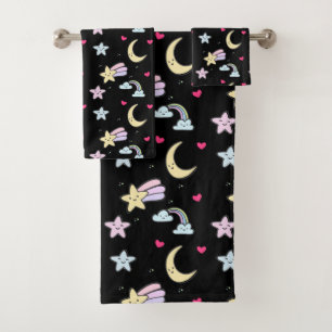 Conjunto De Toalhas Lua branca, estrelas e nuvens padrão em preto