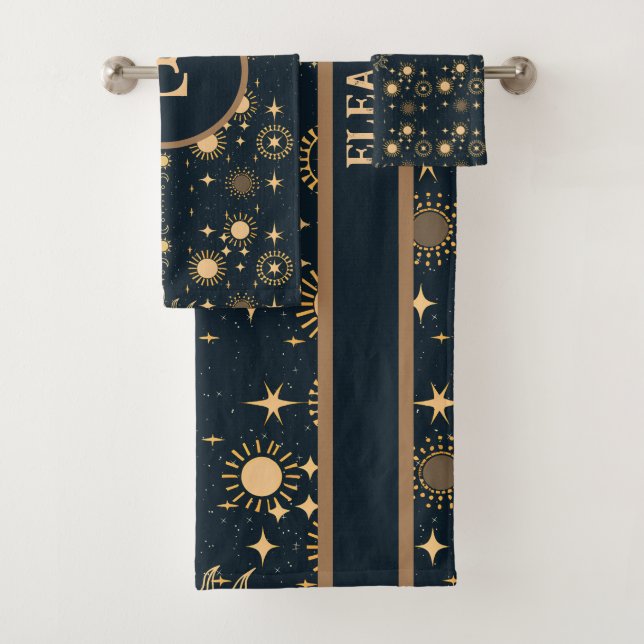 Conjunto De Toalhas Lua Celestial e Sol Dourado e Azul Personalizado (Insitu)