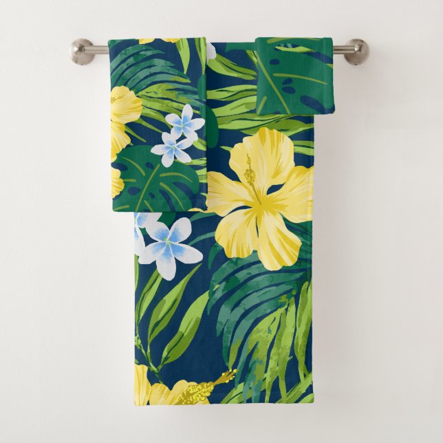 Conjunto De Toalhas Luna Hibiscus Garden Havaiana - Amarelo e Marinho (Insitu)