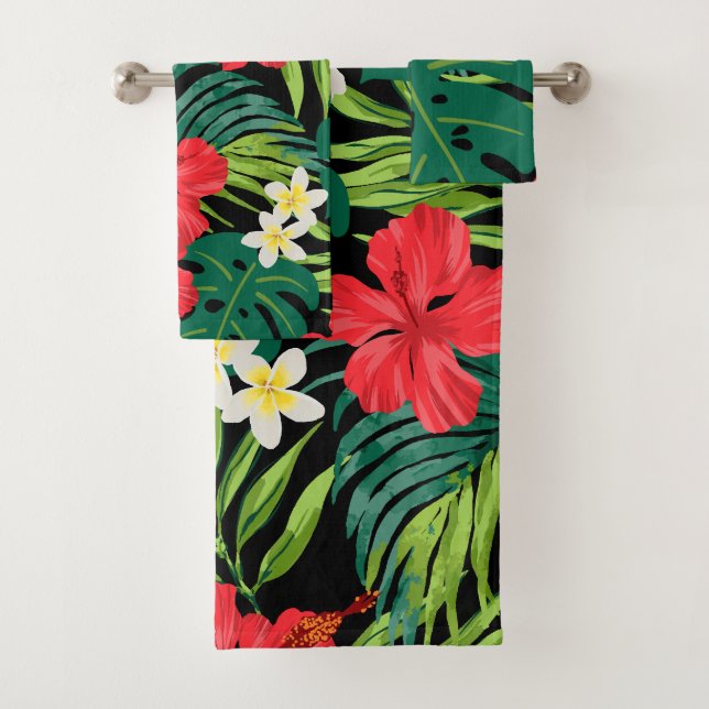 Conjunto De Toalhas Luna Hibiscus Garden Havaiana - vermelho e preto (Insitu)
