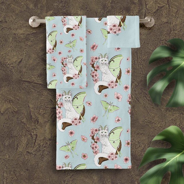 Conjunto De Toalhas Luna Moth Moon White Cat Green (Criador carregado)