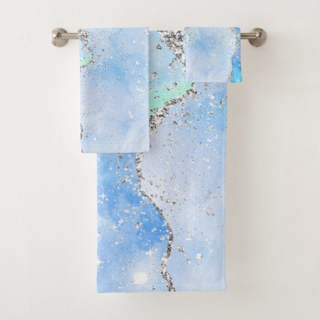CONJUNTO DE TOALHAS LUXE AQUA BLUE SPARKLE MARBLE PERSON 2 TOWEL SET (Insitu)