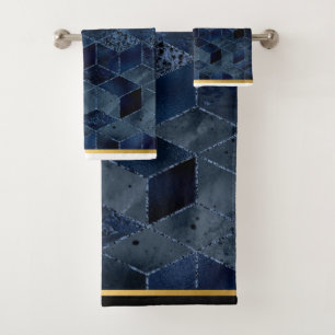 CONJUNTO DE TOALHAS LUXE AZUL BRICK GEOMÉTRICO DOURADO BANHEIRO