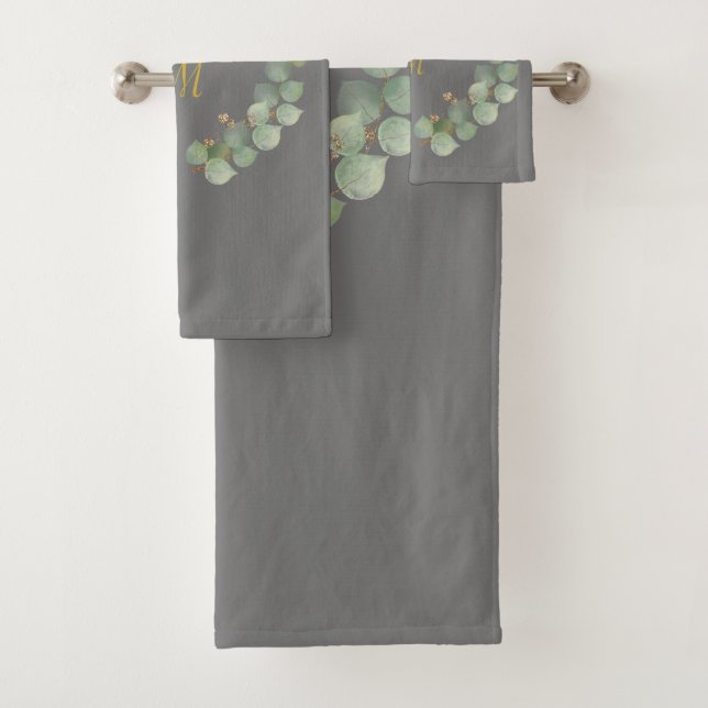 CONJUNTO DE TOALHAS LUXE CINZA EUCALYPTUS PERSONALIZADA (Insitu)