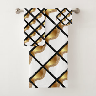 CONJUNTO DE TOALHAS LUXE DOURADO DE GRELHA NEGRA DE ONDA PRETA COM BAN