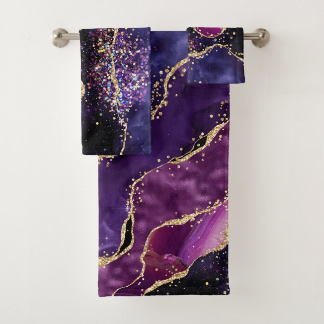 Conjunto De Toalhas Luxe Gemstone Roxo Dourado Brilho Ágata (Insitu)