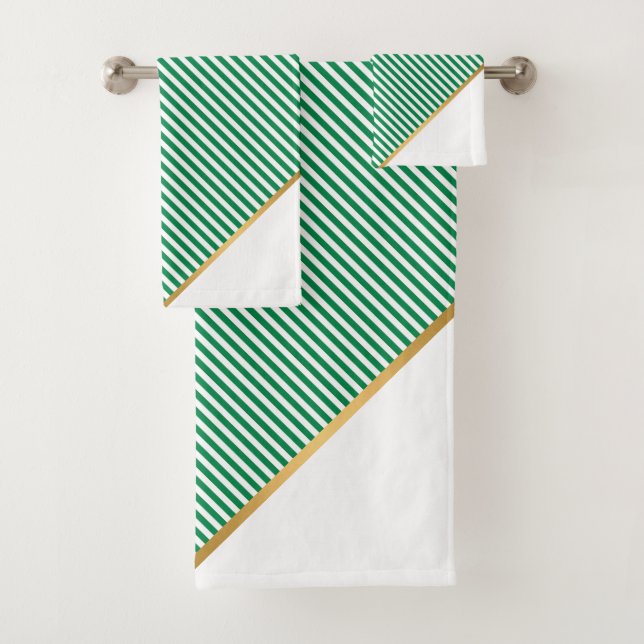 CONJUNTO DE TOALHAS LUXE GREEN WHITE STRIPE DOURADO TOWEL SET (Insitu)