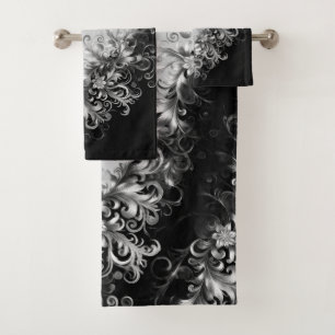 Conjunto De Toalhas Luxe Monocromático Cinza e Preto com Prata
