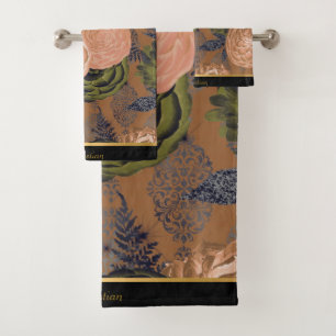CONJUNTO DE TOALHAS LUXE ORANGE PEACH PRETO FLORAL TOWEL SET