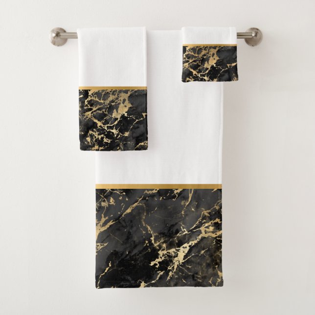 CONJUNTO DE TOALHAS LUXE RETRO MARBLE BLACK DOURADO BANTHROOM SET (Insitu)
