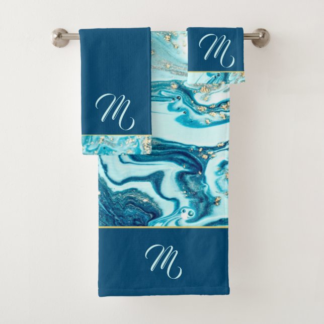 Conjunto De Toalhas Luxe Tear Ocean Azul Marble Dourado Monograma (Insitu)