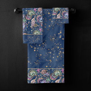 Conjunto De Toalhas Luxo azul subaquático Pás Douradas