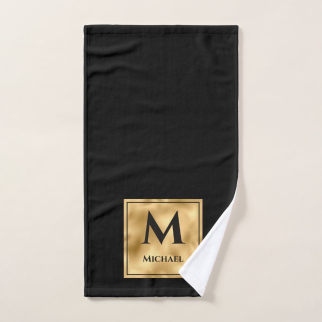 Conjunto De Toalhas Luxo elegante monograma negro e Dourado (Toalha de mão)