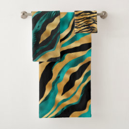 Conjunto De Toalhas Luxo em Ouro com Listras de Tigre em Verde Água