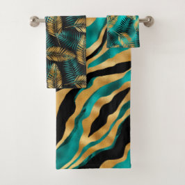Conjunto De Toalhas Luxo Folhas Tropicais e Listras de Tigre em Dourad