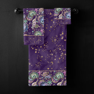 Conjunto De Toalhas Luxo púrpura subaquático Vida marinha Dourada de