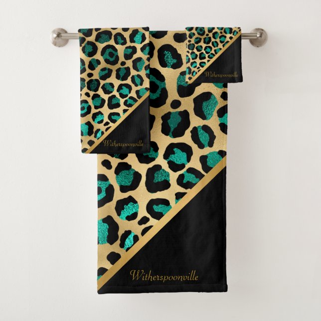 CONJUNTO DE TOALHAS LUXURIOSO EMERALD GREEN LEOPARD DOURADO (Insitu)