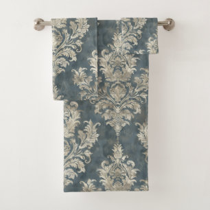 Conjunto De Toalhas Luxurioso Silver Damask em Fundo Azul